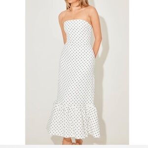 Elegant White Polka Dot Strapless peplum Dress odd muse MEDIUM